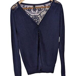 Women's Navy Blue Lace Back Cardigan Button Front XL Laps